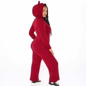 YITTY XFENTY Pet Me Pocket Red Hooded Cat Ear Onesie Stretchy Dark Red Jumpsuit